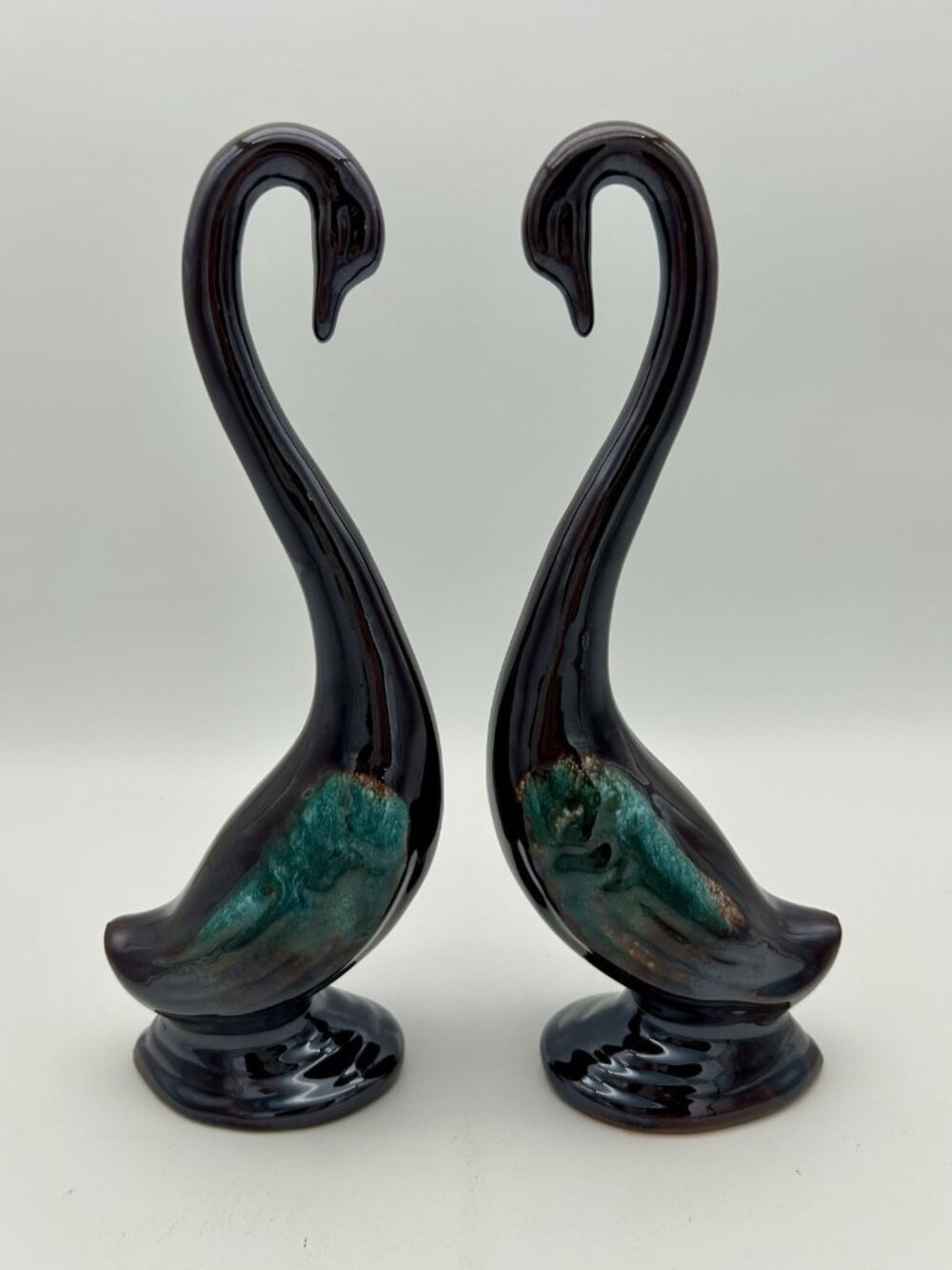 Vintage Ceramic Swan Figurine Long Neck Tall Glazed Bird Statue 10”-Brown/Green